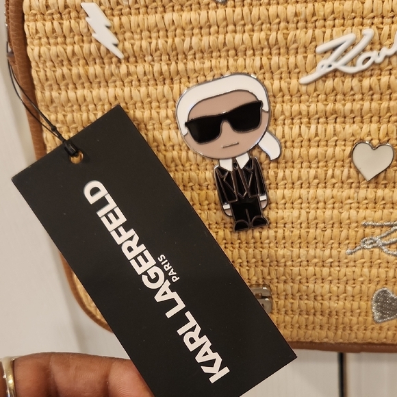 Karl Lagerfeld Brown Leather and Woven Crossbody Bag W Charms & Guitar Strap NWT - Picture 2 of 11